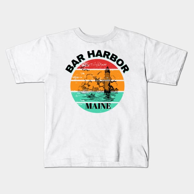 Bar Harbor Maine Lighthouse Retro Sunset Kids T-Shirt by AdrianaHolmesArt